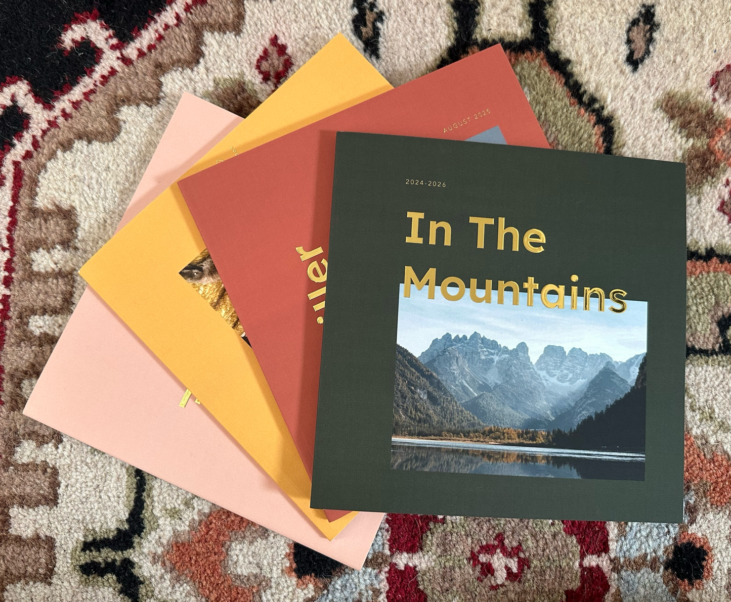 Stack of books with 'In The Mountains' book on top, on a patterned rug