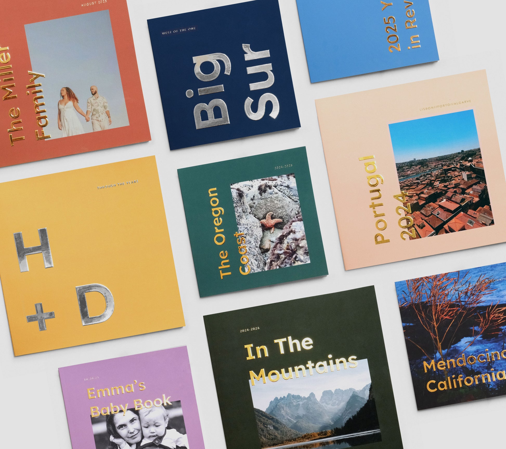 Collection of personalized photo books with various designs and text on a white background